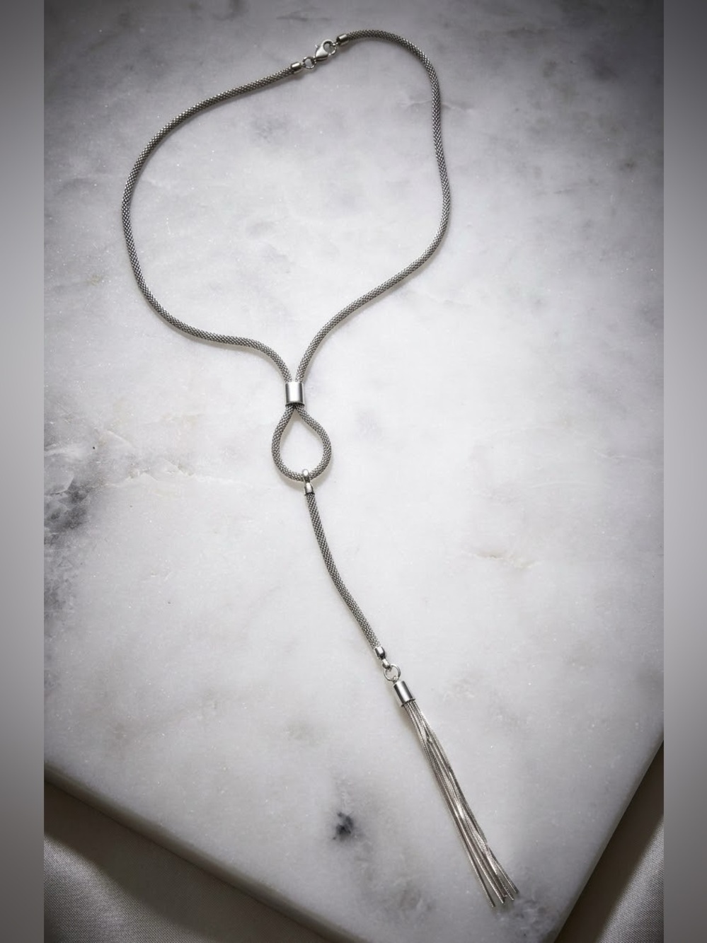 Vintage 925 Sterling Silver Woven Mesh Lariat Tassel Necklace 14" Drop